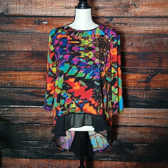 Peck & Peck Top PL Large Petite Hi Low 3/4 Sleeve Sheer Back Colorful Tunic - Picture 2 of 8